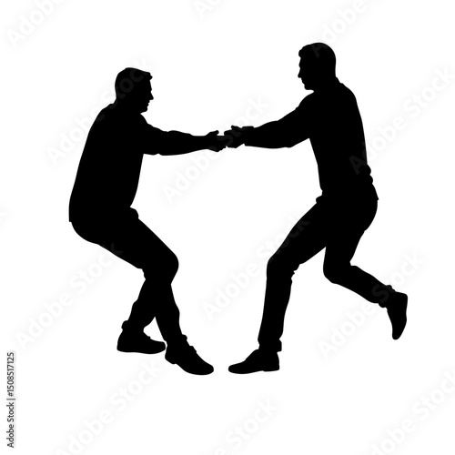 Two men fighting while holding each other in a silhouette pose  