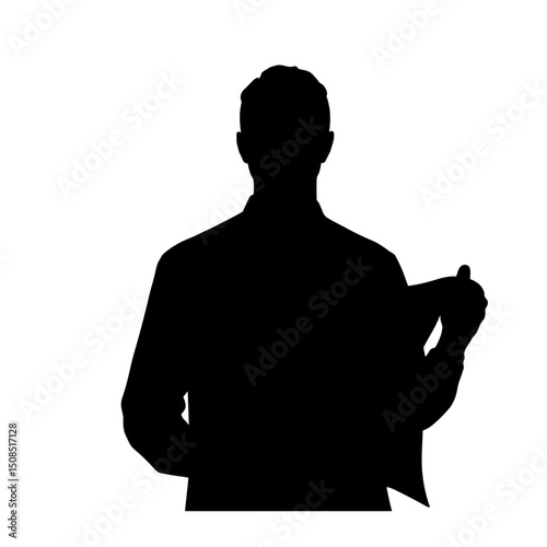 Silhouette of a man holding a document against a white background  