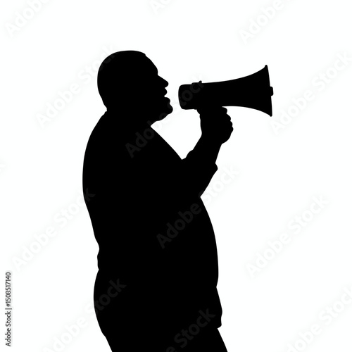 Man speaking into megaphone in silhouette against white background  
