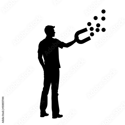 Man using magnet to attract small balls in silhouette illustration  