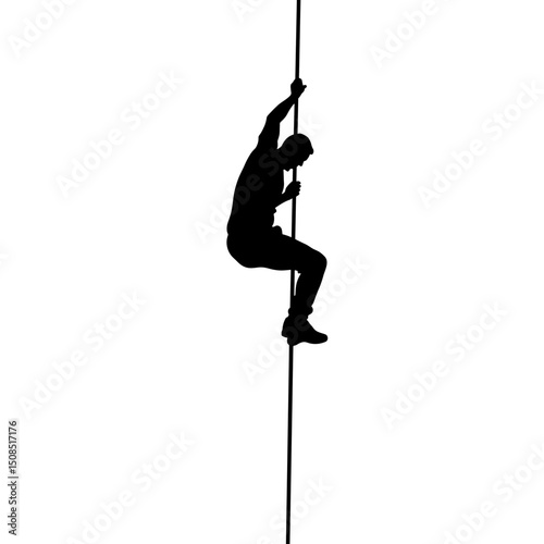Silhouette of a climber ascending a rope against a white background  