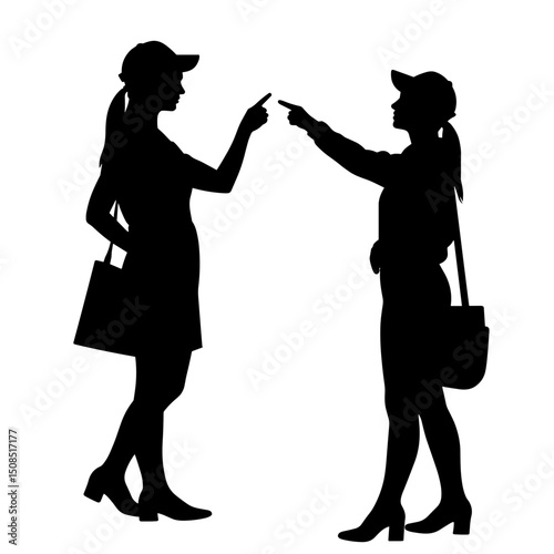 Two women arguing while pointing at each other in silhouette  