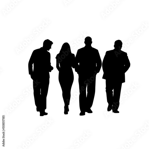 Group of four people walking together in silhouette style  