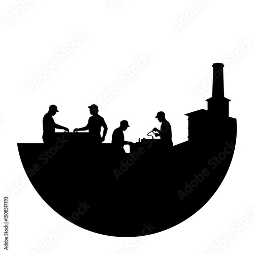 Construction workers collaborating on a roof with chimney background  