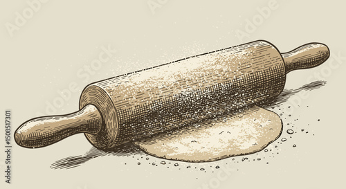 Rolling pin with flour and dough on a beige background  