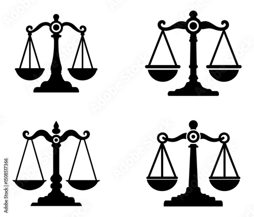 Justice Scales Icon Set – Black Legal Balance Symbol Collection	