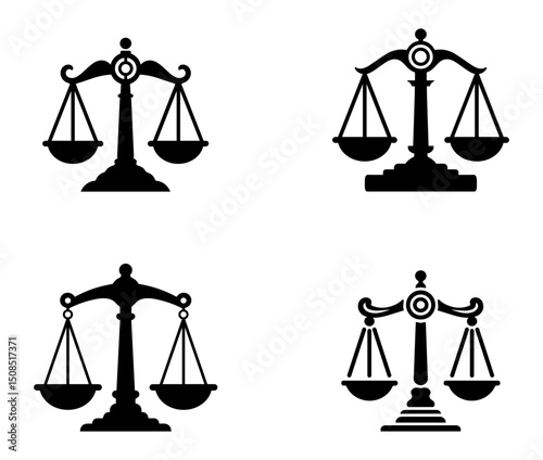 Justice Scales Icon Set – Black Legal Balance Symbol Collection	