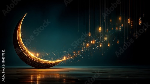 Ramadan Crescent Moon with Lantern Lights, and Festive Background.