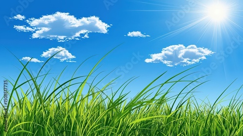 Swaying tall green grass under bright blue sky nature scene daylight vibrant landscape fresh air concept