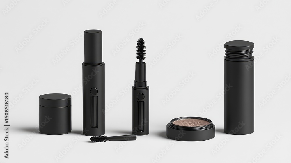 Obraz premium A modern makeup set with minimalist black packaging arranged in geometric alignment