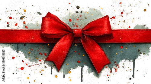 Red Gift Bow Watercolor with Holiday Ribbon.