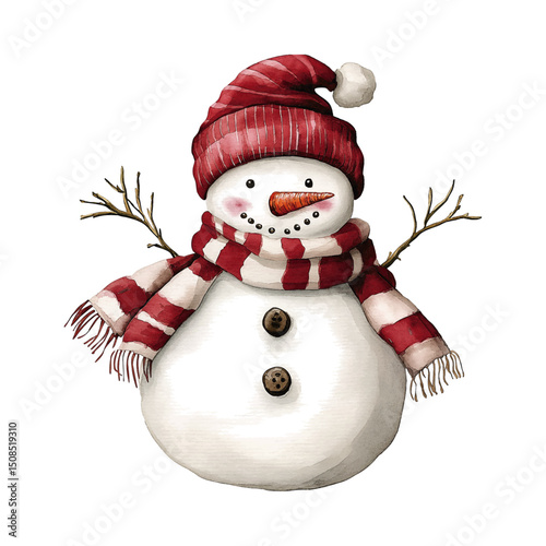 watercolor illustration of a cute snowman with hat and  scarf on transparent background