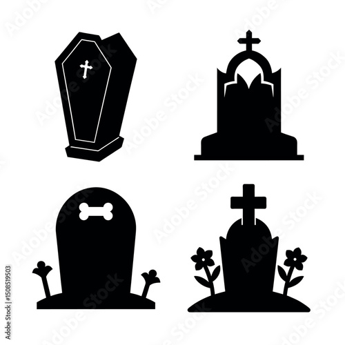 Eerie Black Shadow Grave Icon Set for Halloween Season
