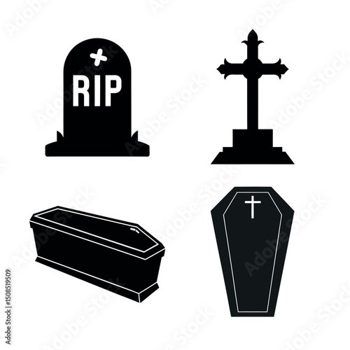 Eerie Black Shadow Grave Icon Set for Halloween Season