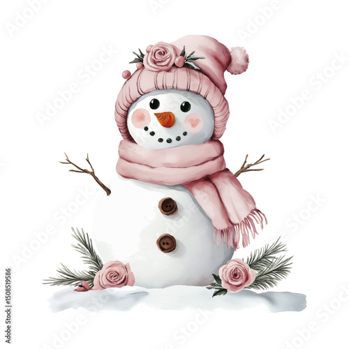 watercolor illustration of a cute snowman with hat and  scarf on transparent background