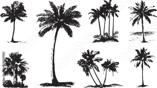 Minimal style cad tree line, Side view, set of graphics trees elements outline symbol for architecture, Architectural Drawings, Minimal style cad tree line drawing,	