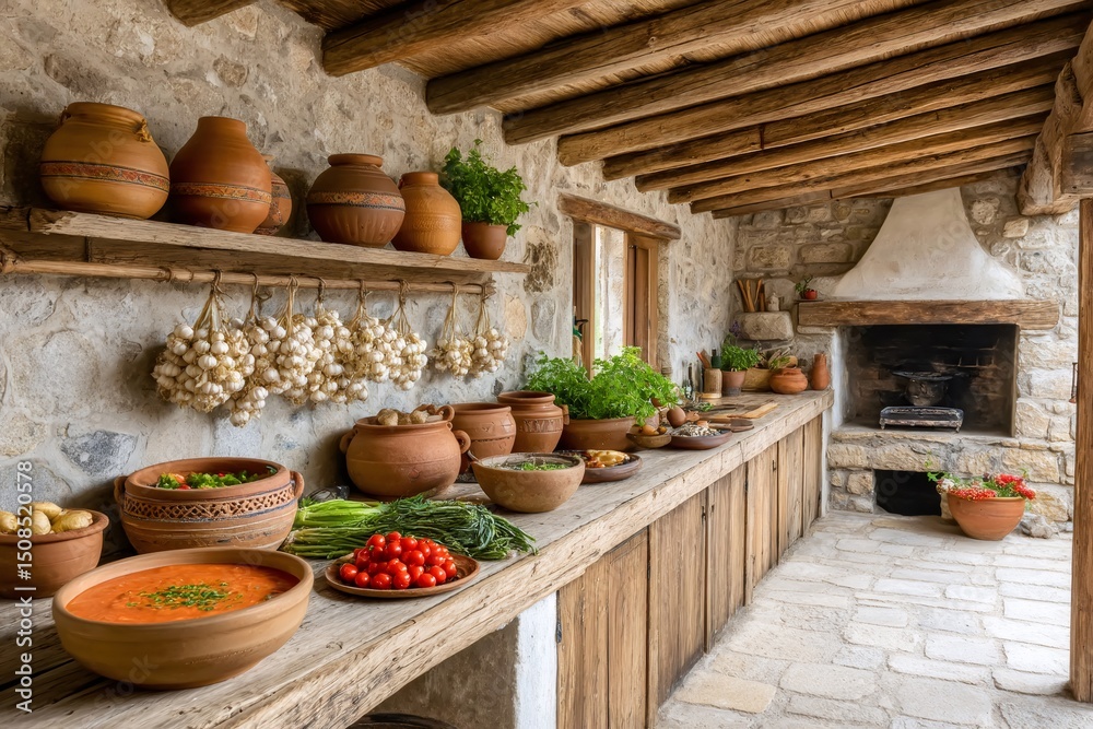 Fototapeta premium Rustic kitchen showing traditional cooking with fresh ingredients and clay pots