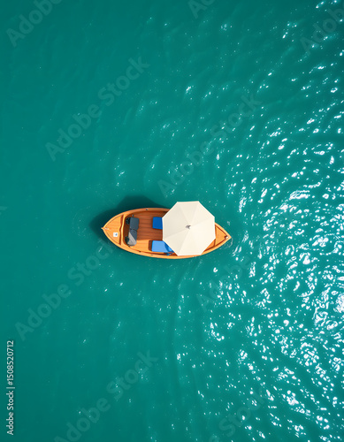 Aerial shot of a colorful pedal boat shaded by a striped umbrella gliding through crystal-clear turquoise waters, flat design. with white shades