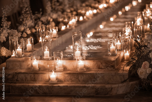 Romantic Candlelit Wedding Aisle with Marble Steps and Floral Decor photo