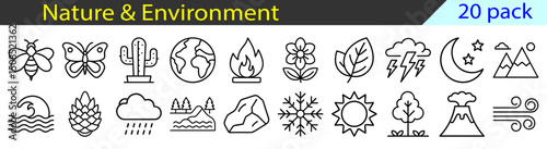 Diverse Nature and Environment Icon Set Representing Natural Elements in Outline Style