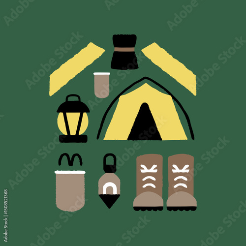 Camping-themed pattern: tents, lanterns, boots, thermoses in earthy green tones