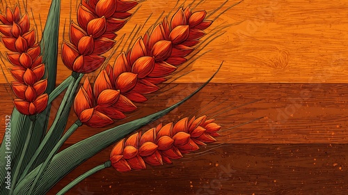 Red Wheat Harvest Wooden Background.