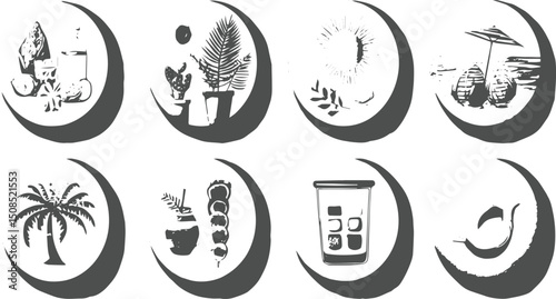 summer vacation, circular panels, beach chair vector silhouette illustration, Hand drawn summer symbols doodle