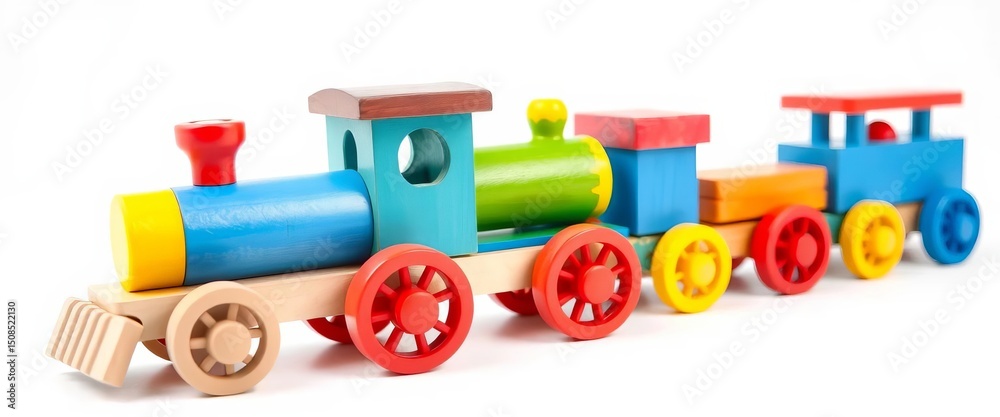Naklejka premium Brightly colored wooden train on white background, perfect for play, childhood, kid