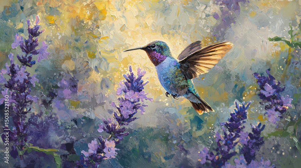 Fototapeta premium Hummingbird feeding on lavender flowers nature scene vibrant colors garden setting close-up view beauty of wildlife