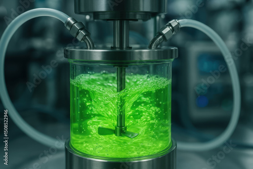 Bioreactor with green liquid mixing inside glass container used in bio engineering for innovation in scientific research and laboratory processes
