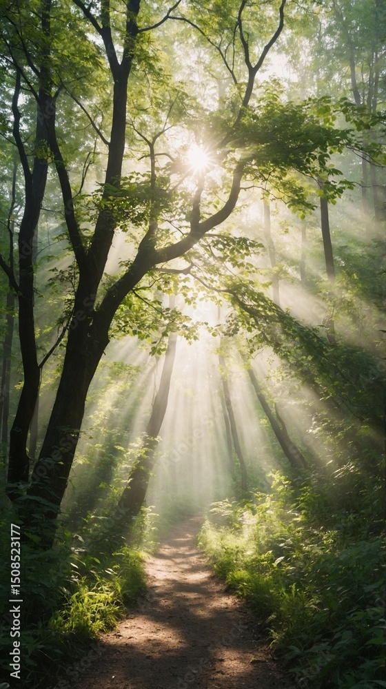 Obraz premium Sunlit Forest Path: Green Trees and Soft Light
