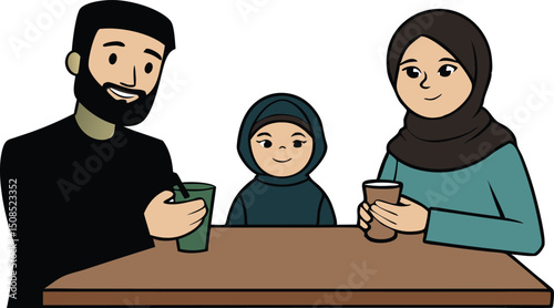 Happy smiling cartoon vector illustration of a loving Muslim family with children in one table 