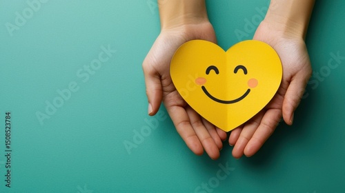 paper cut smiley face in hands make heart symbol for protection around on blue background. positive thinking, mental health, assessment, world mental health day concept