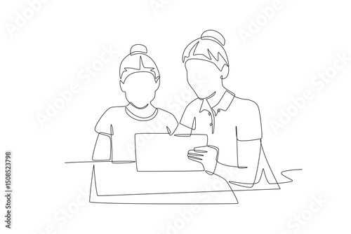 Students and teachers using touch pads concept one-line drawing