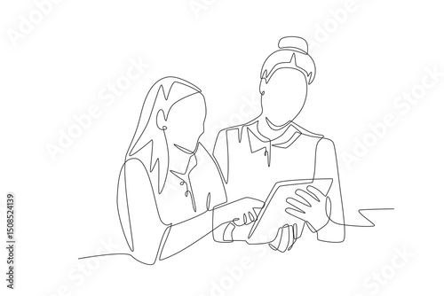 Students and teachers using touch pads concept one-line drawing