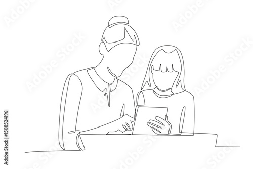 Students and teachers using touch pads concept one-line drawing