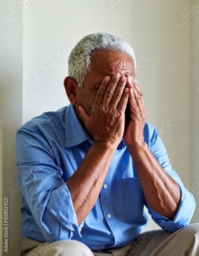 Una persona senior con las manos en la cara en concepto de depresión, tristeza y soledad AF