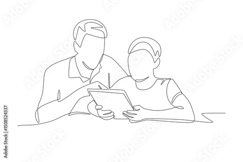 Students and teachers using touch pads concept one-line drawing