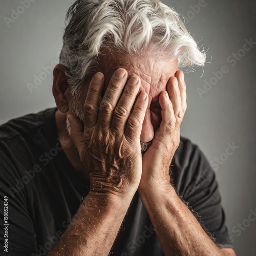 Una persona senior con las manos en la cara en concepto de depresión, tristeza y soledad AF