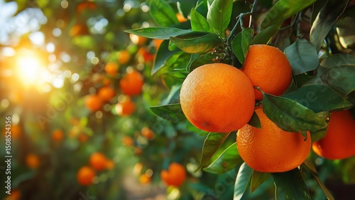 Ripe oranges hang on lush green branches in a sunlit orchard.