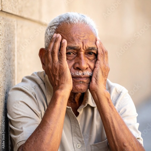 Una persona senior con las manos en la cara en concepto de depresión, tristeza y soledad AF