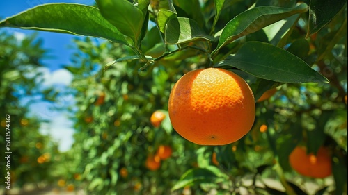 Ripe oranges hang on lush green branches in a sunlit orchard.