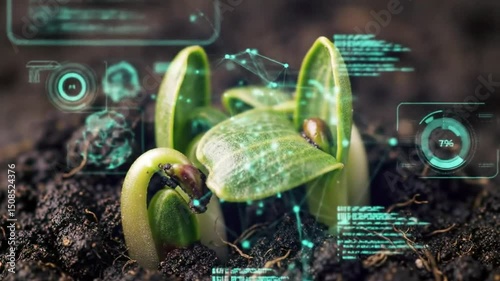 Innovation's Seed: A striking capture of a vibrant seedling sprouting from the earth, embraced by the digital embrace of technological advancement and artificial intelligence.