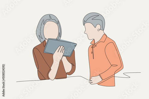 Colored students and teachers using touch pads concept one-line drawing