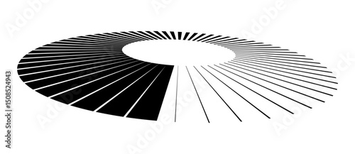 Radial lines of different thickness, as a logo or abstract background. A rotating circle like a loading sign. Perspective view with distortion. Black circle on a white background.