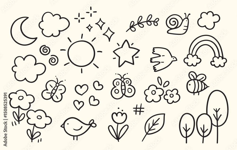 set of cute nature element childern's hand-drawn style, scribble doodle illustration with brush stroke, set of sign and symbol such as sun moon bird butterfly flower leaf
