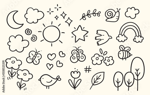 set of cute nature element childern's hand-drawn style, scribble doodle illustration with brush stroke, set of sign and symbol such as sun moon bird butterfly flower leaf