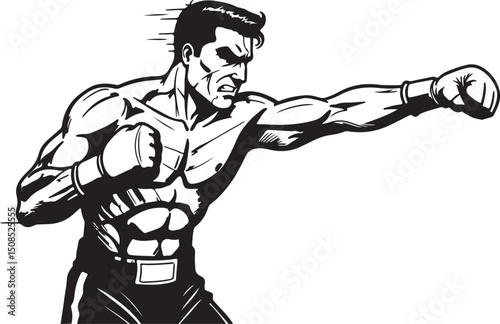 Powerful Boxer Punching Black and White Illustration