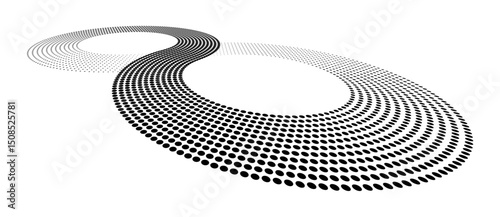 Two circles as halftone dotted abstract background. Perspective view. Black shape on a white background.