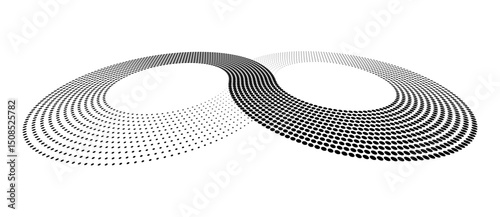 Two circles as halftone dotted abstract background. Perspective view. Black shape on a white background.
